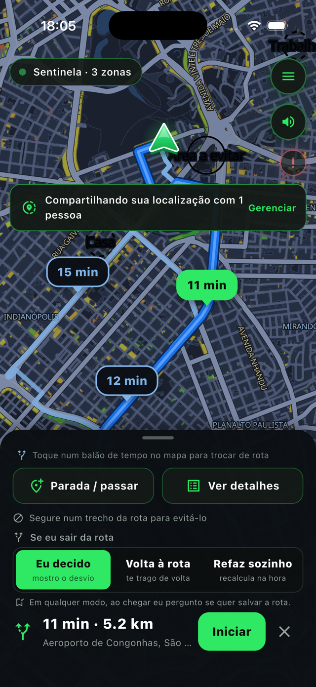 Três opções de rota com trânsito ao vivo, contornando as zonas marcadas